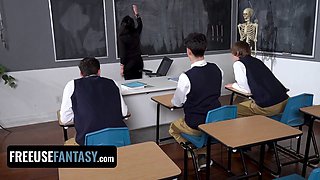 Curvy teacher Valentina Nappi gets nailed by three college girls in a classroom - freeuse dream