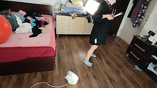 Sexy Brunette Having Fun Trying on Clothes. Sexy Mom Dances Naked Around the House.
