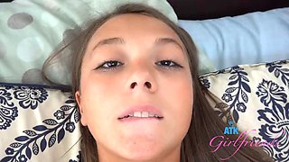 Sweet innocent Mira Monroe gets her teen pussy licked then sucks cock POV