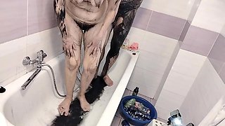 Amateur Couple Takes a Bath, Wife with Hairy Pussy, Big Ass, Big Tits.