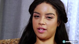 Beautiful Latina Maya Bijou strips out of her jeans and plays with her perfectly hairless pussy as it streams girl-cream.