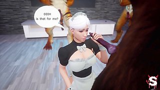 Wild huge-boobed maid offers mind-blowing blowjob to all the furries that stop by