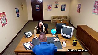 Busty Tits cougar in tiger dress makes headmaster steamy