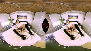 Puss In Boots - Big Tits Brunette Upskirt Leg Fetish Solo On The Bed