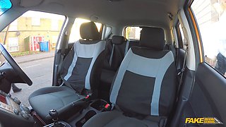 British Redhead with big tits & a high-pitched voice gets a sticky cumshot on her hairy pussy in Fake Driving School