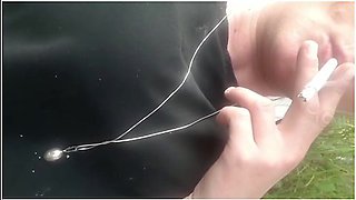 Smoking Cigarette In Black Pantyhose Outside Make Hole For My Clit And Turn Off Cigaret By My Pee