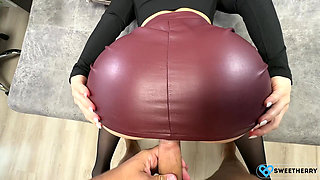 This sexy girl in black stockings and a red leather skirt spreads her legs in front of my cock!