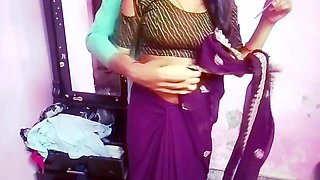 Desi Bhabhi Made Her Husband Happy by Wearing a Purple Sari