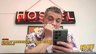 Lady gang and their big-boobed news reporters get wild with a taboo threesome