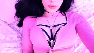 Brunette squeezes her big boobs with perky nipples and moans