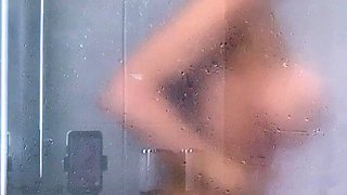 Ebony girl showers her big ass amp masturbating