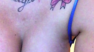 Busty curly brunette with big boobs fucks on couch