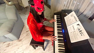 Hot step-mom feeding her ass and pussy with piano teacher