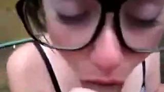 Girlfriend in huge glasses sucks my boner in POV video
