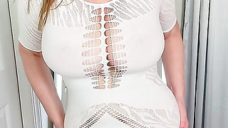 White Sheer super tight white dress on Hot Mature MILF Elaina St James in a posing, teasing sexy clip
