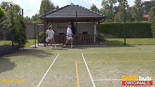 Fakehub - sexy tennis ball female pranks the boys before smoking their cock and seducing them with her hot natural fit figure in the sauna concluding with three-way