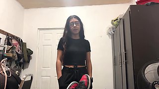 Cute Latina with glasses fucked hard in the dorm and gets cum on her face