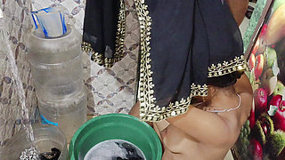 Indian desi  girlfriend fucked in the bathroom while she washes clothes
