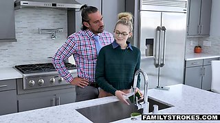 Sexy blonde housewife in glasses Lily Larimar is fucked from behind in the kitchen