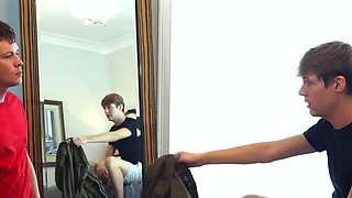 Skinny pretty faced teen goes down on his first cock