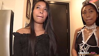 Rowdy Asian maid gets her tasty labia pleased by a thick cock