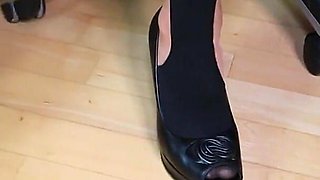 Under the Desk Shoeplay - Black Peeptoes & Colorful Tights