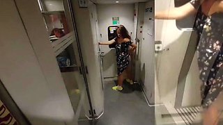 Teen plays with pussy and does risky public handjob on train POV