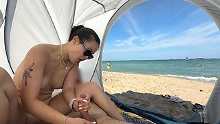 Making Him Cum In A Public Beach, With People Passing By! With Verified Amateurs