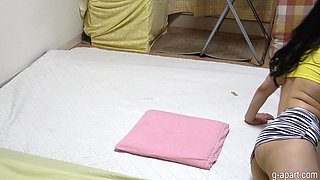 Girls Only Apartment in Japan, a Room Where a Girl Doing Sexy Exercises in a Mini T-shirt, Mini Skirt and Micro G String Panties