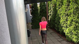 Clothed couple have sex in a fancy setting with long haired brunette
