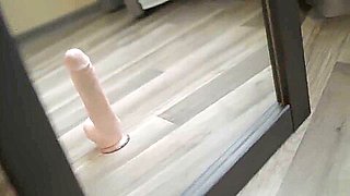 Masturbation with huge dildo school teacher alone at home near the mirror