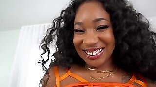 Squirting ebony fucked in anal hole by big white dick