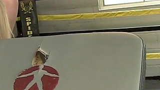 Blonde babe fucks box trainer in the gym