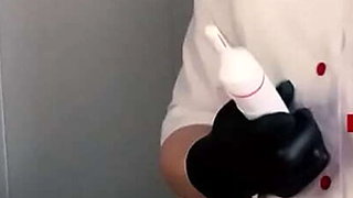 Blonde MILF Nurse SugarNadya Makes Client Cum Hard with Gloved Handjob - English Subs