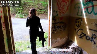 Urbex Pixie - Pissing from the second floor window of a ruin in the forest, then fucking until orgasm