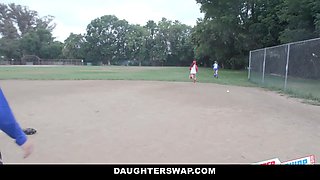Teen females best friends need a softball lesson from dads