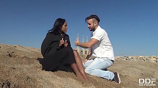 Busty Black Bombshell Swallows Dudes Big Cock On The Beach With Noe Milk