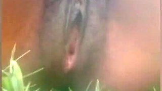 My slut masturbating and pee in the bush, she got fat pussy