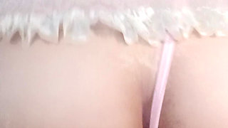 Big Booty BBW rides black toy in pink maid lingerie