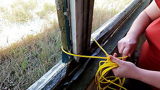 Naked crotch rope walk on veranda