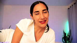 Attractive brunette teenager with big boobs fingering pussy