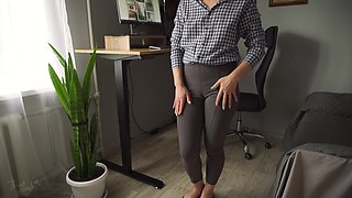 Naughty Secretary Seduces You with Her Cameltoe in Tight Trousers