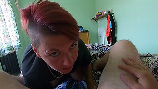 Jerk off in the morning, she helps lick balls and eat cum