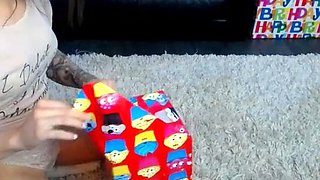 Small titted brunette Sharron with glasses masturbates