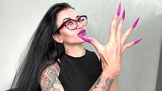 Purple Color Long Nails, Sharp Stilettos, Palms, Long Fingers and Hands Worship, Black Pvc on Me