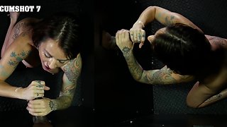 Betty Solace gets her big mouth full of cum.