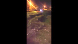 A sexy and beautiful woman masturbates with dildo in the park at night.