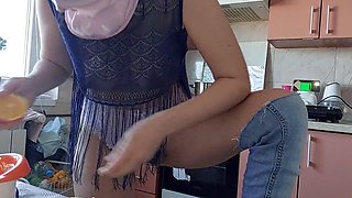 Hot hairy mom tries on panties showing off her big tits and big ass