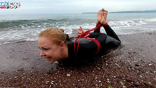 Hogtied in a Wetsuit - Rope Bondage Escape Challenge on the Beach