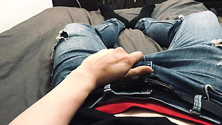 University student jerking off in blue jeans after class (no cum)